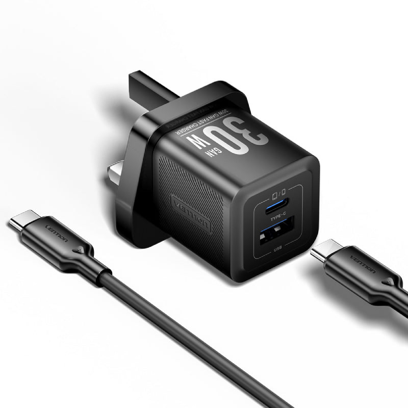 Vention 2-Port GaN Charger with Cable - 30W / USB-C / Black