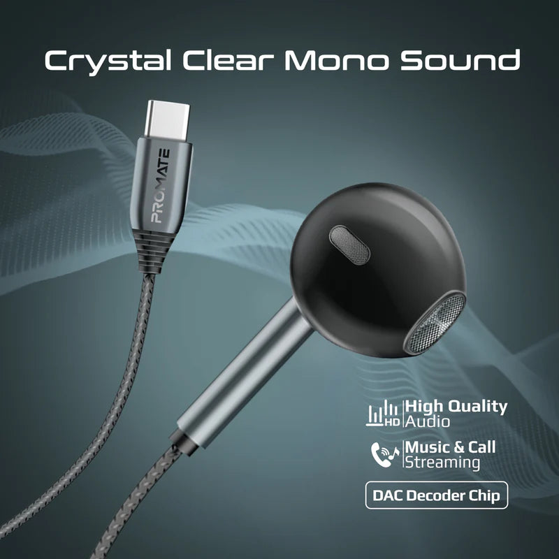 PROMATE Laxi-M High Fidelity USB-C ENC Mono Wired Earphone - Wired / USB-C / Black