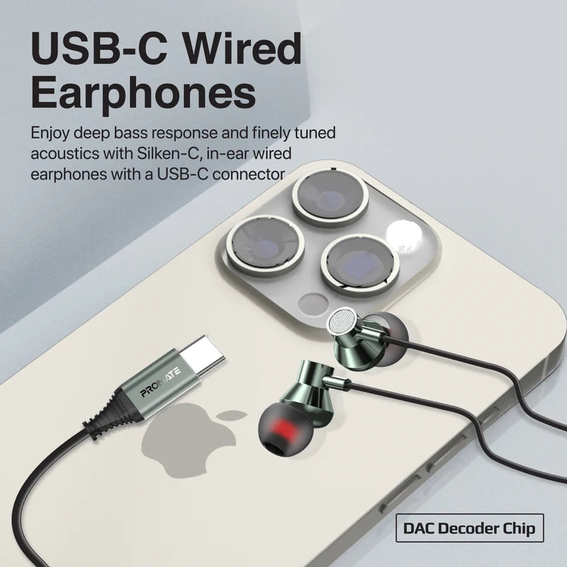 PROMATE Silken-C Ergonomic In-Ear USB-C Wired Stereo Earphones - Wired / USB-C / Gray