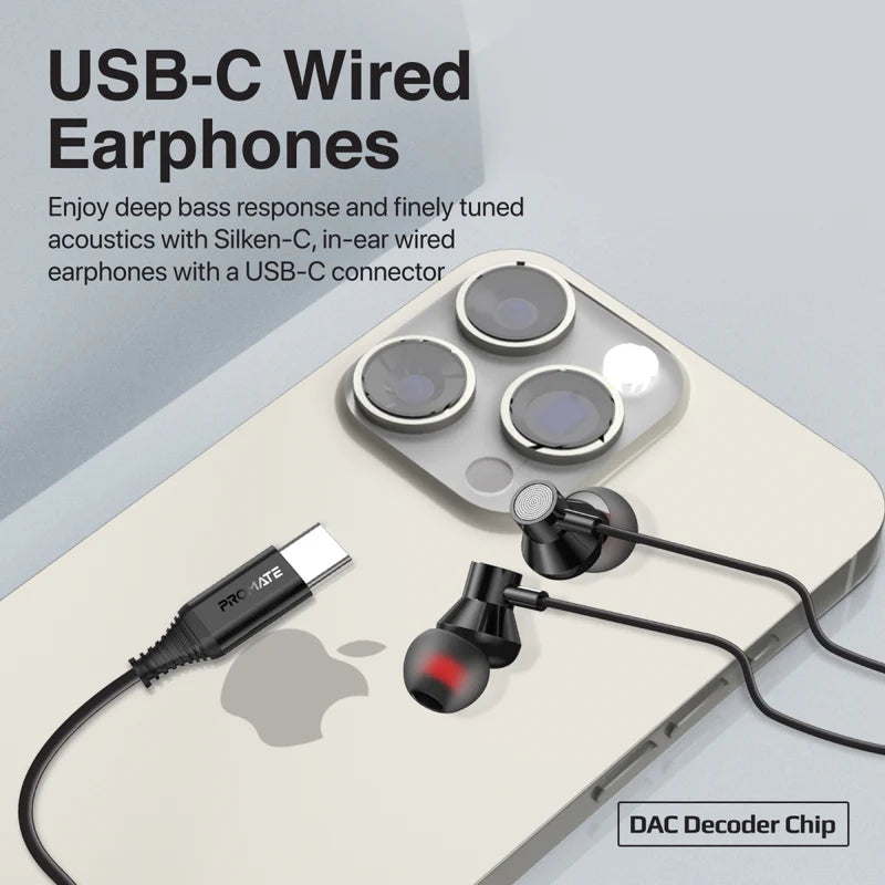PROMATE Silken-C Ergonomic In-Ear USB-C Wired Stereo Earphones - Wired / USB-C / Black