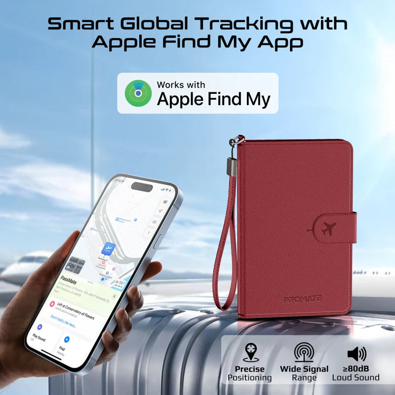 PROMATE Anti-Loss Slim Leather Passport Holder with RFID Protection & Smart Tracking - Burgundy