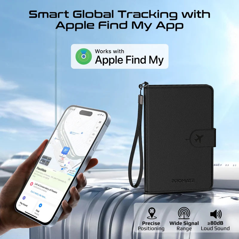 PROMATE Anti-Loss Slim Leather Passport Holder with RFID Protection & Smart Tracking - Black