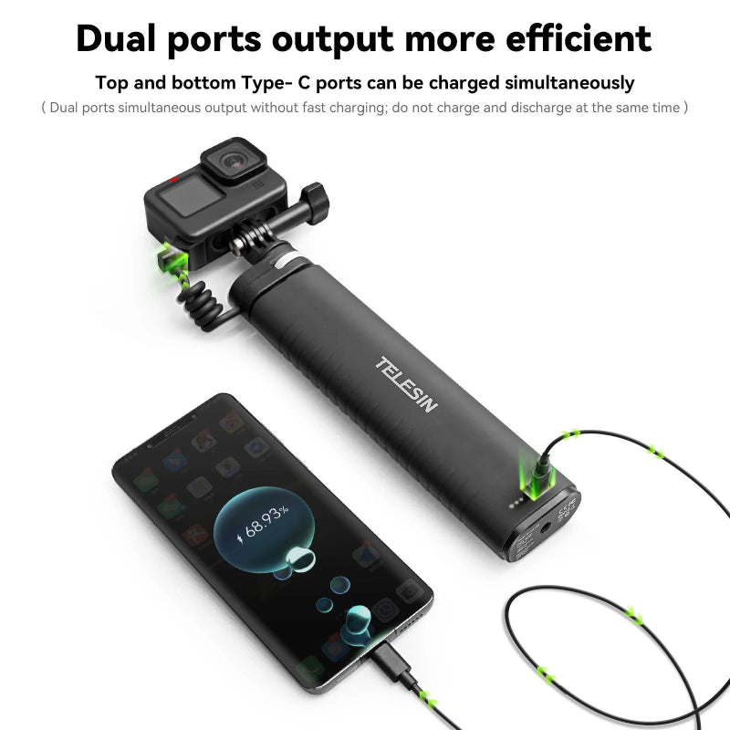 TELESIN Rechargeable Selfie Stick for Action Cameras - 10000mAh / USB-C / Black