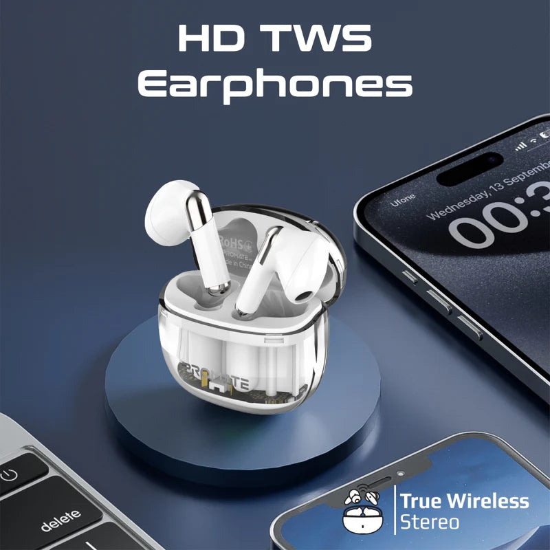PROMATE TransPods High Definition Transparent TWS Earbuds with IntelliTouch - Bluetooth / 350mAh / White