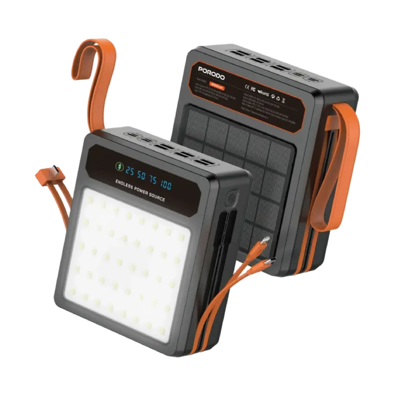 Porodo Larousse Solar Power Bank with LED Light and Built-in Cables - 80,000mAh / 22.5W / USB-A / USB-C / Black