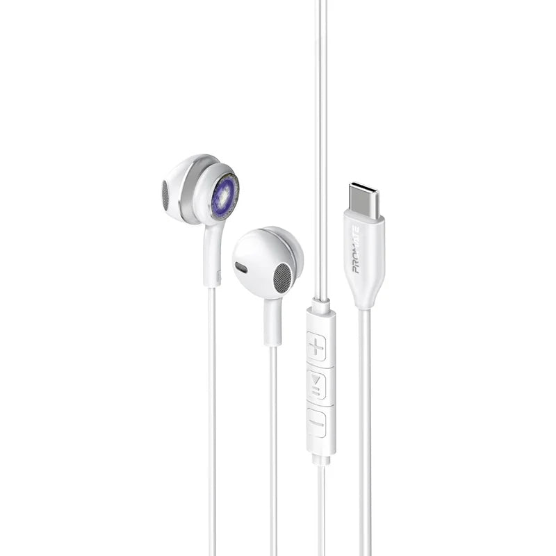 PROMATE LumiBuds-C LumiSound Transparent Stereo USB-C Wired RGB Earphones - Wired / USB-C / Silver
