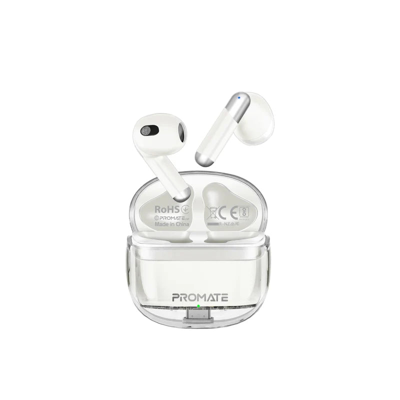 PROMATE TransPods High Definition Transparent TWS Earbuds with IntelliTouch - Bluetooth / 350mAh / White