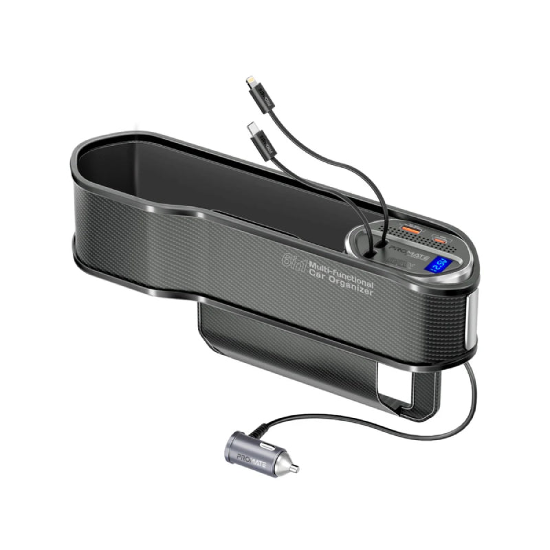 PROMATE Multi-Functional Car Organizer and Charging Station with Retractable Cables - 65W / USB-C & Lightning / Black