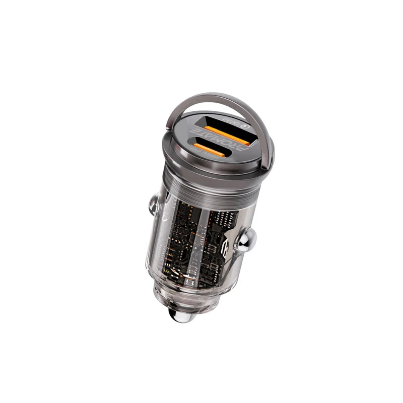 PROMATE RapidCharge Transparent Mini Car Charger with Power Delivery & QC 3.0 - 65W / USB-A / USB-C