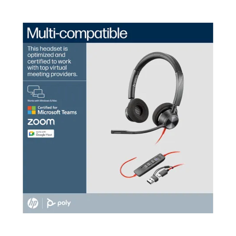 HP Poly Blackwire 3320 Stereo USB-C Headset - On-Ear / USB-C/A Adapter / (Microsoft Teams Certified) / 2YW