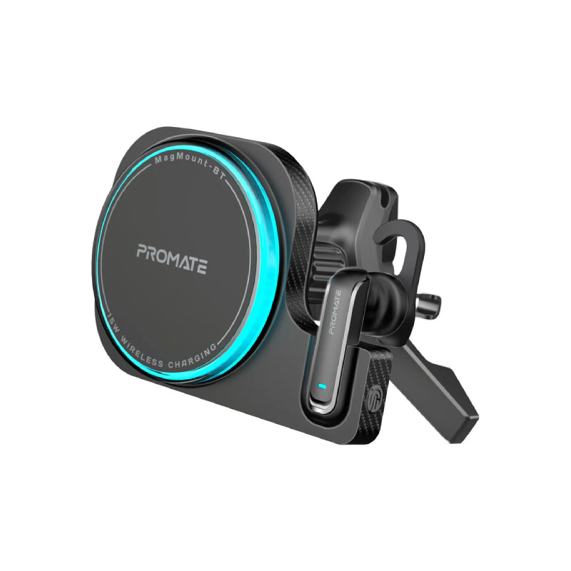 PROMATE 2-in-1 MagSafe Wireless Car Charger with Built-in Wireless Mono ENC Earphone - 15W