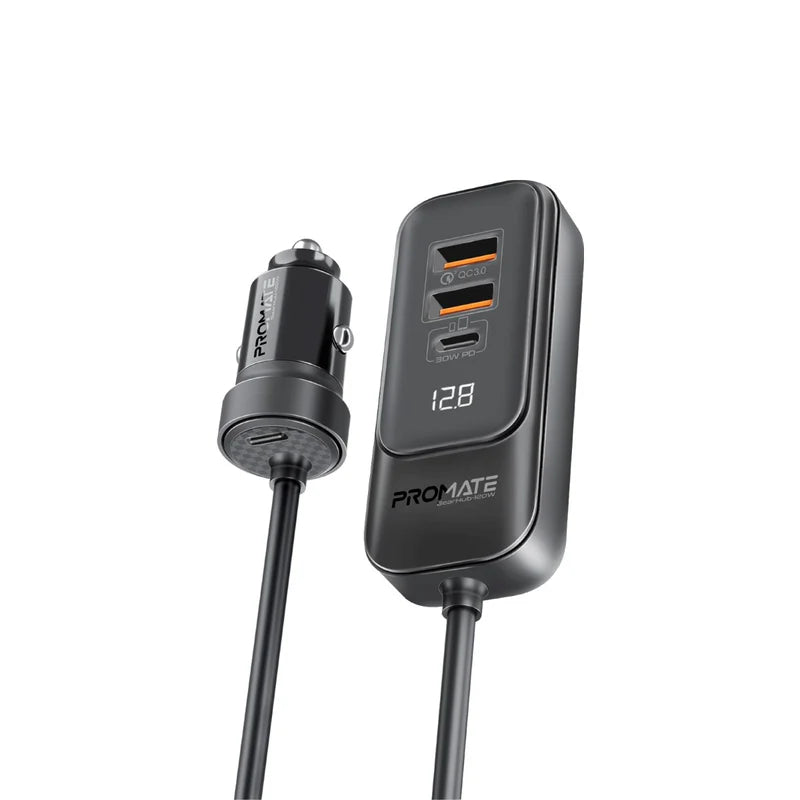 PROMATE RapidCharge Car Charger with Multi-Port Backseat Charging Hub - 120W / USB-A / USB-C