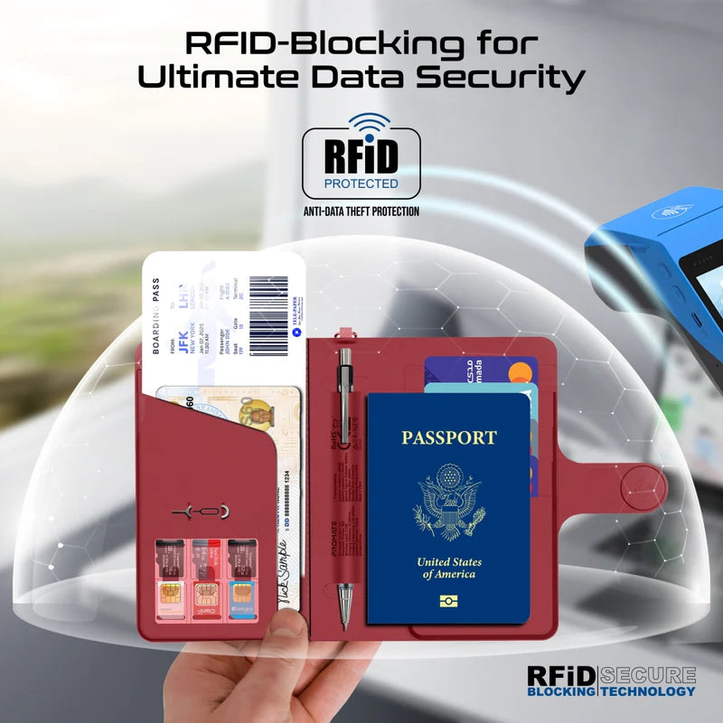 PROMATE Anti-Loss Slim Leather Passport Holder with RFID Protection & Smart Tracking - Burgundy