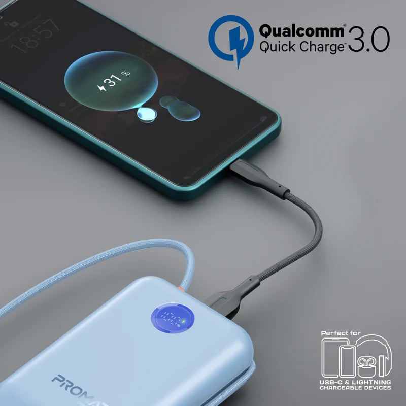 PROMATE PowerPod-30 Compact Power Bank with Built-In USB-C & Lightning Cable - 30000mAh / 35W / Blue