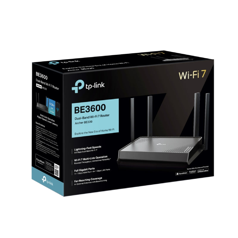 TP-Link (Archer BE220) BE3600 Dual-Band Wi-Fi 7 Router - 3.6 Gbps Dual-Band / WAN/LAN / Black
