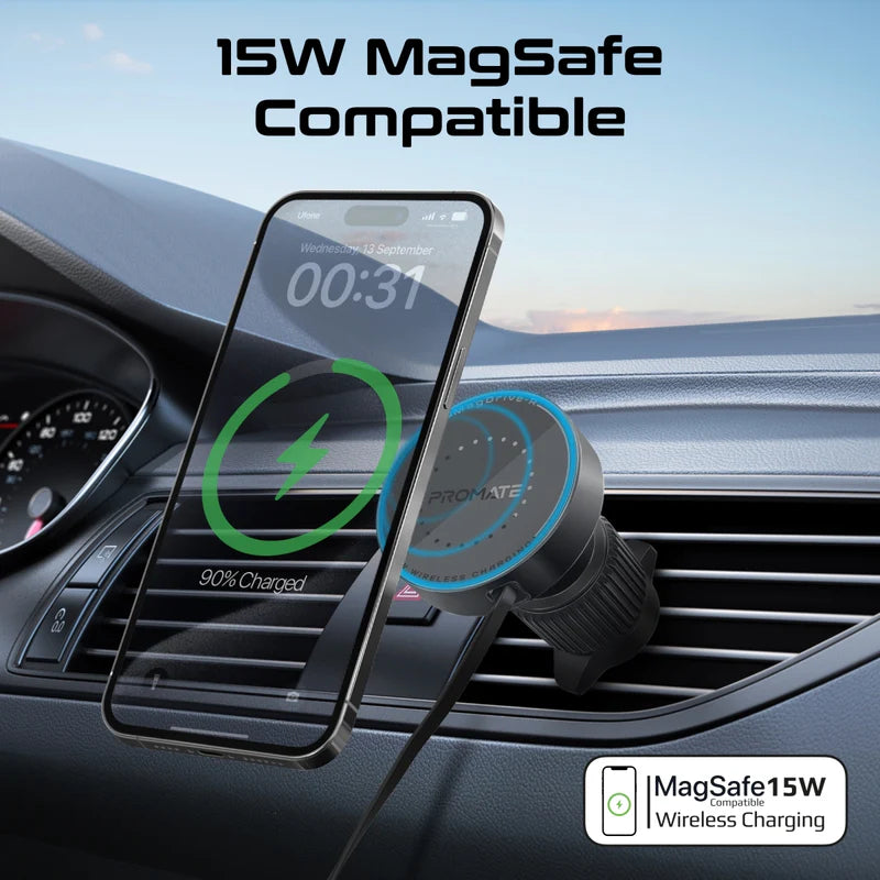 PROMATE MagSafe Car Wireless Charger with Retractable Cable - 15W