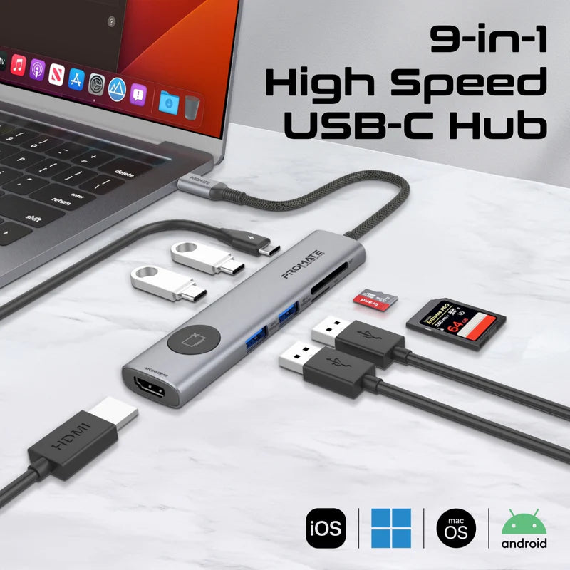 PROMATE ComandHub-Lite 9-in-1 Multi-Function USB-C Hub - Grey
