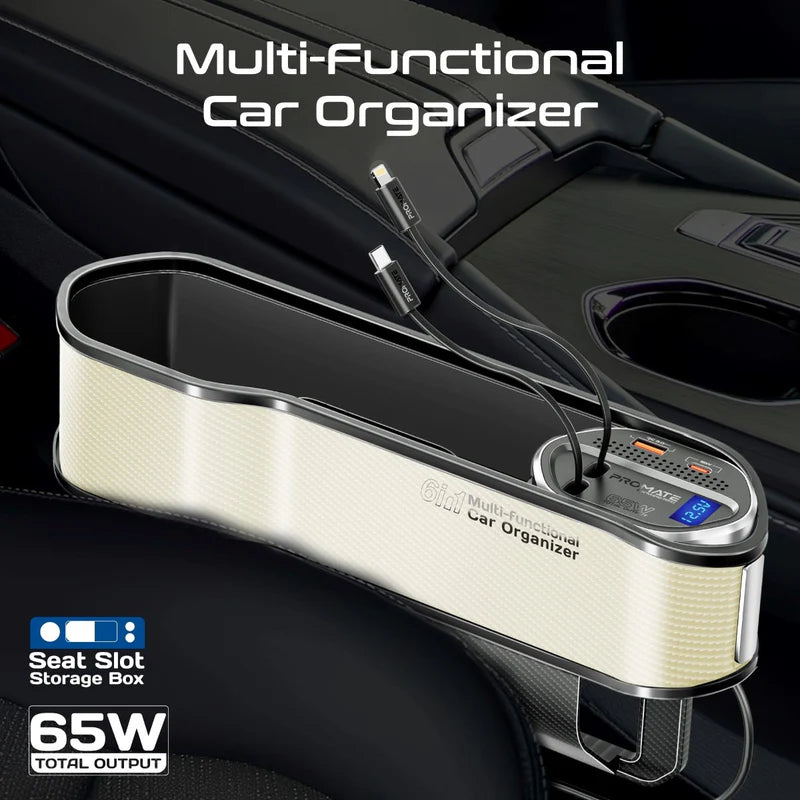 PROMATE Multi-Functional Car Organizer and Charging Station with Retractable Cables - 65W / USB-C & Lightning / Beige