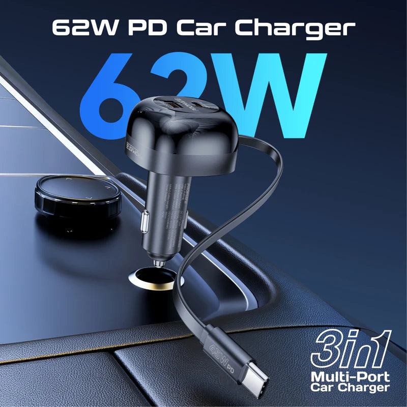 PROMATE Multi-Port Car Charger with Retractable USB-C Cable - 62W