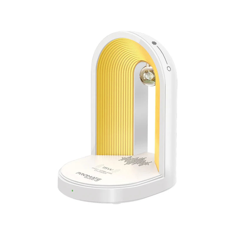 PROMATE Multi-Functional LED Lamp Bluetooth Speaker with 15W Wireless Charger - White