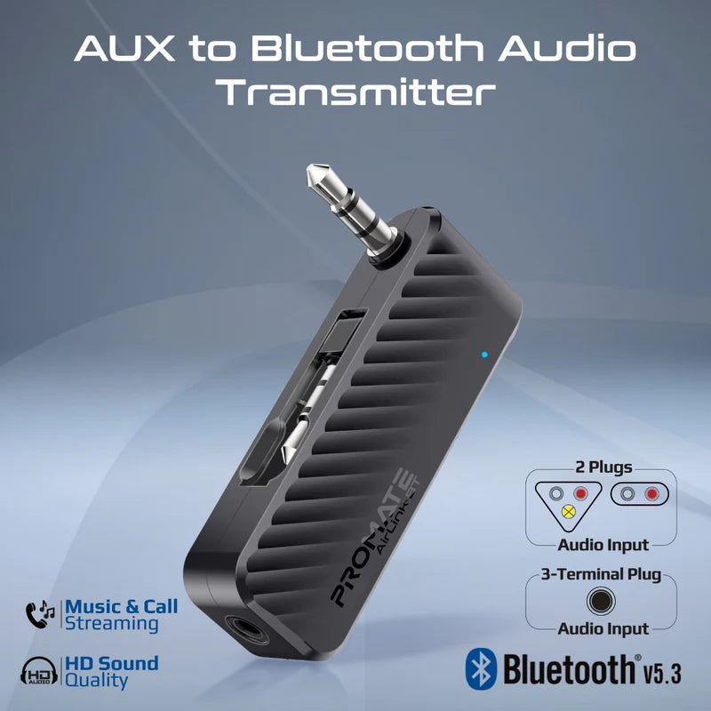 PROMATE Compact AUX to Bluetooth Audio Transmitter Adapter - Bluetooth 5.3 / 3.5mm / Black