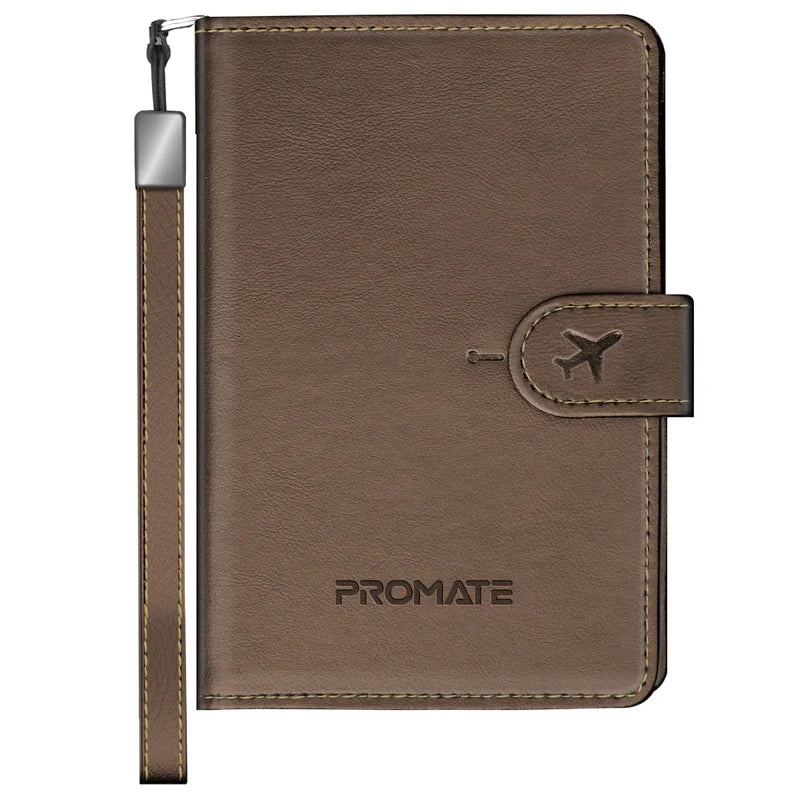 PROMATE Anti-Loss Slim Leather Passport Holder with RFID Protection & Smart Tracking - Brown