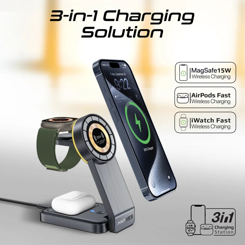 PROMATE 3-in-1 Foldable MagSafe Wireless Charging Station with Night Light - 15W