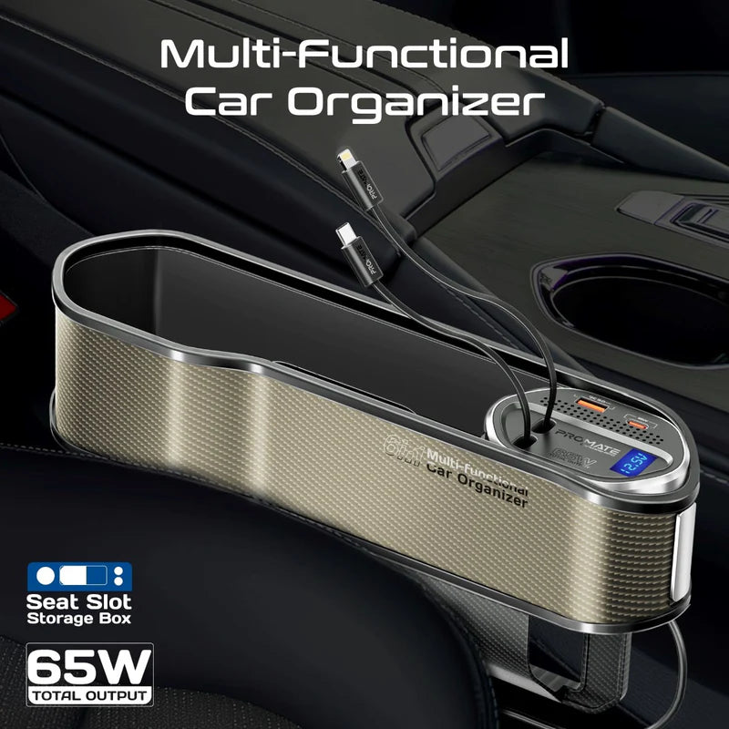 PROMATE Multi-Functional Car Organizer and Charging Station with Retractable Cables - 65W / USB-C & Lightning / Brown