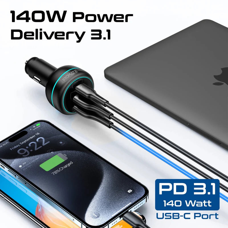 PROMATE RapidCharge Car Charger with Dual Power - 230W / USB-A / USB-C