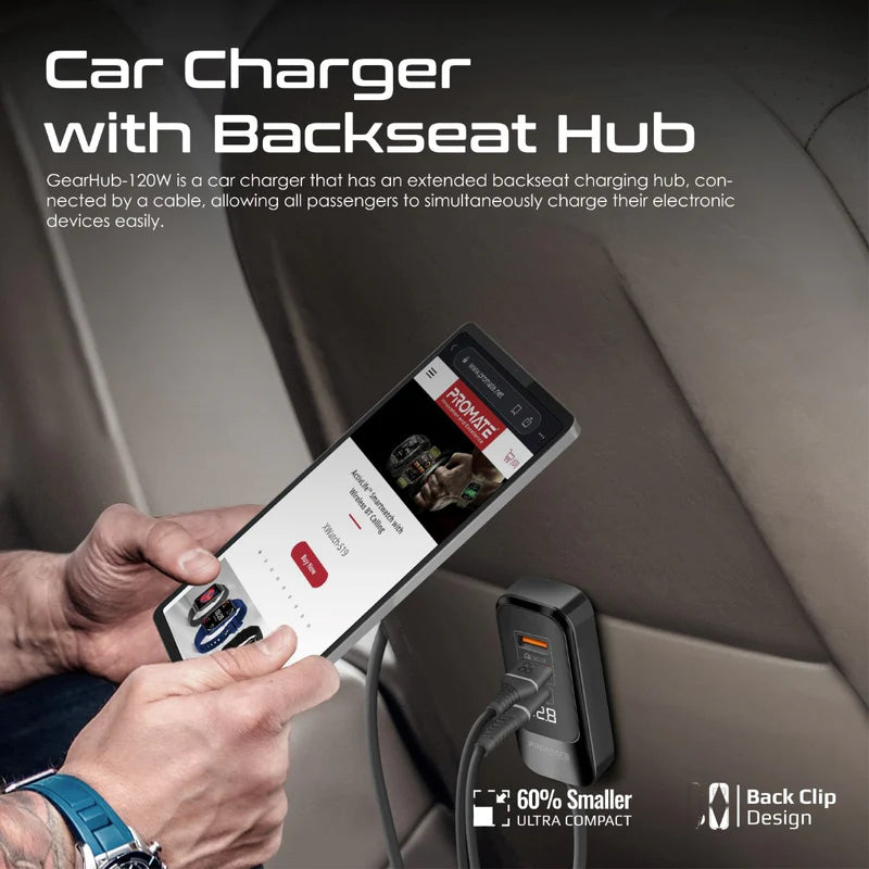PROMATE RapidCharge Car Charger with Multi-Port Backseat Charging Hub - 120W / USB-A / USB-C