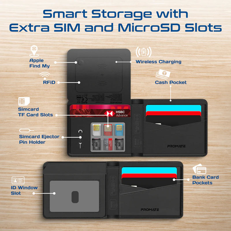 PROMATE Anti-Loss Slim Leather Wallet with RFID Protection & Smart Tracking - Black