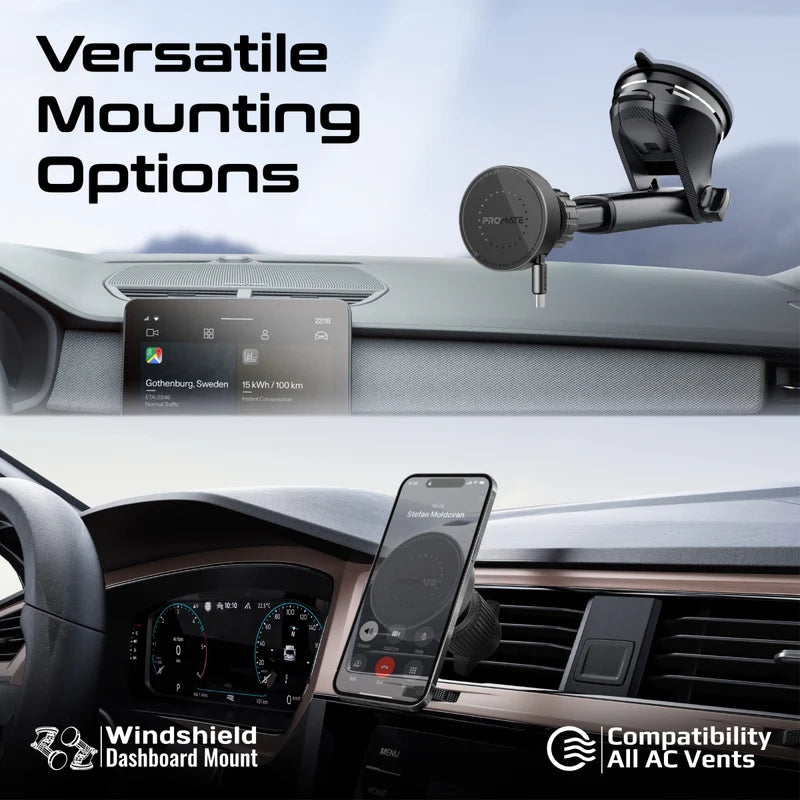 PROMATE MagSafe Car Wireless Charger with Retractable Cable - 15W