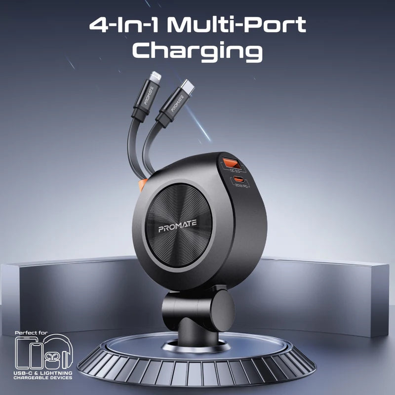 PROMATE Multi-Port Car Charger with Dual Retractable USB-C Cables - 88W