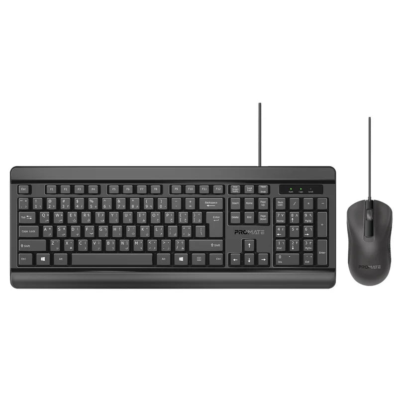 PROMATE Quiet Keys Wired Keyboard and 1200 DPI Mouse - Black