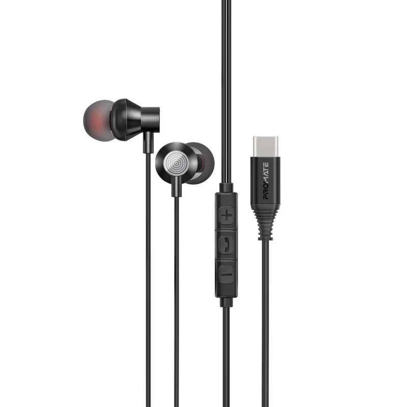 PROMATE Silken-C Ergonomic In-Ear USB-C Wired Stereo Earphones - Wired / USB-C / Black