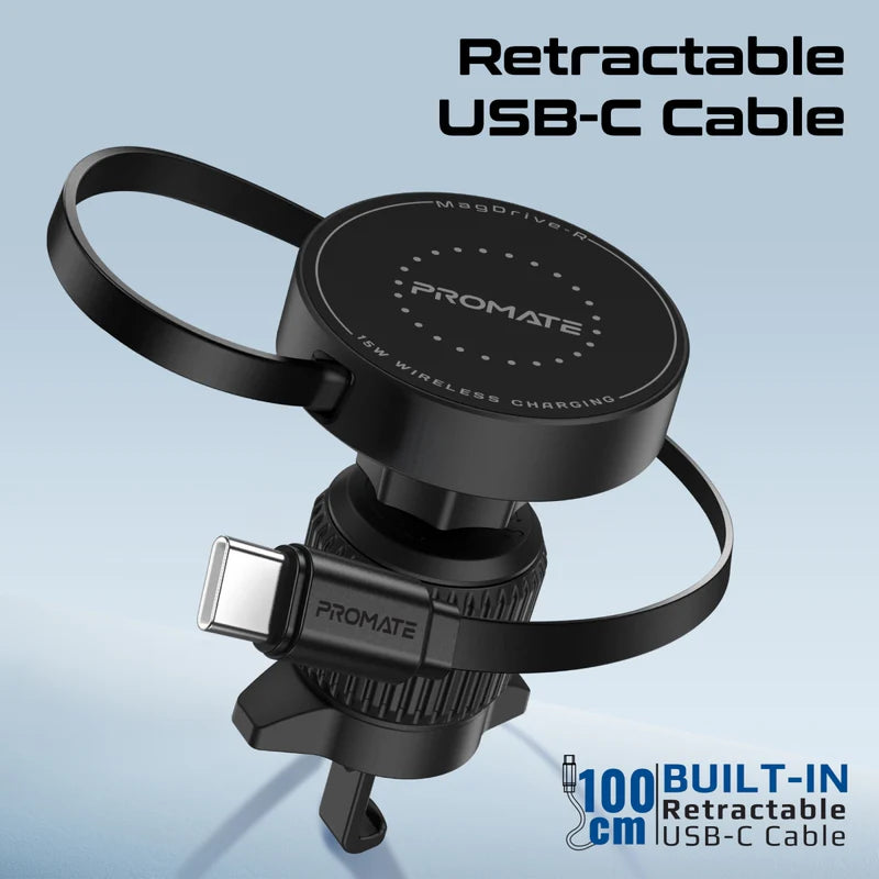 PROMATE MagSafe Car Wireless Charger with Retractable Cable - 15W