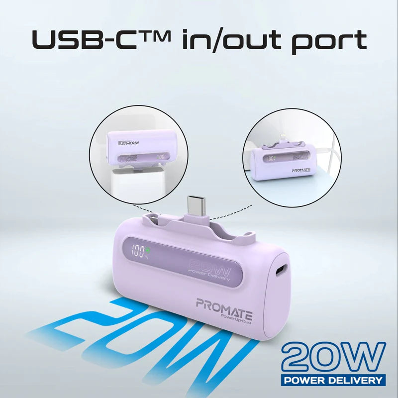 PROMATE PowerUp-Duo Ultra-Compact Fast Charging Power Bank - 20W / USB-C / Lightning / Purple