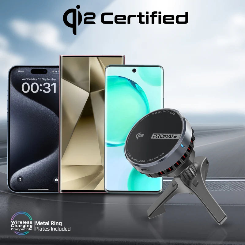 PROMATE ActiveCool Cradleless Qi2 Certified Wireless SmartPhone Charger Mount - 15W