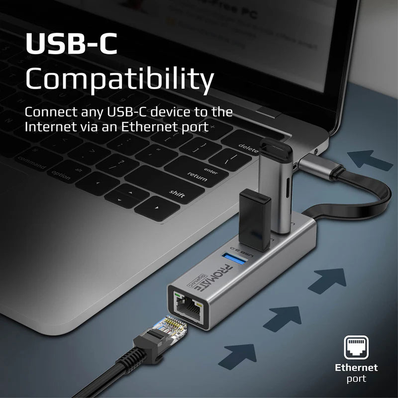 PROMATE Multi-Port USB-C Hub with Ethernet Adapter - 1000Mbps / Grey