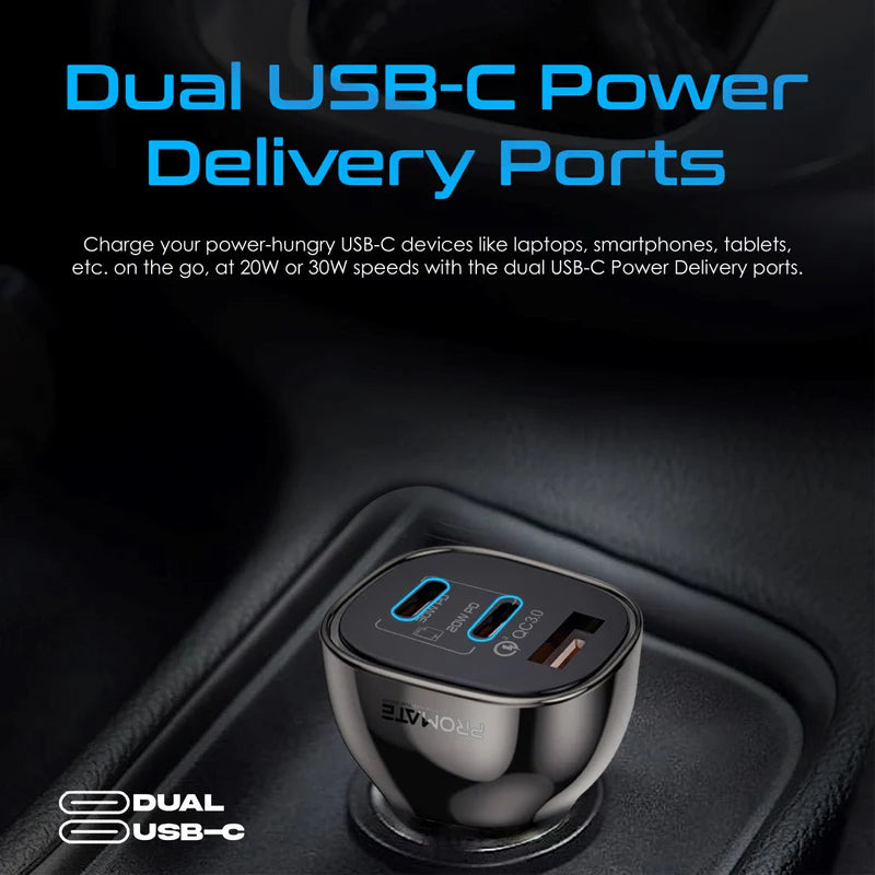 PROMATE Multi-Port Transparent Car Charger with QC 3.0 & Power Delivery - 80W / USB-A / USB-C
