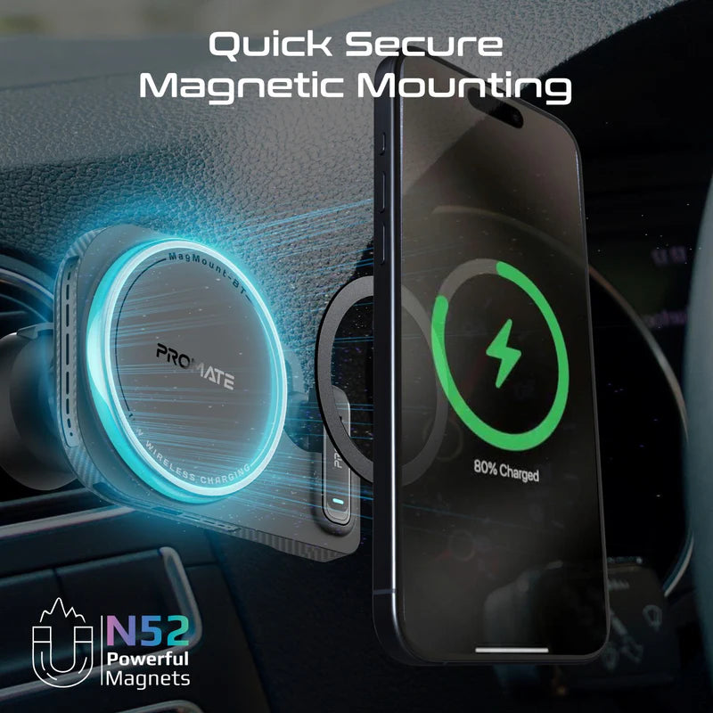 PROMATE 2-in-1 MagSafe Wireless Car Charger with Built-in Wireless Mono ENC Earphone - 15W