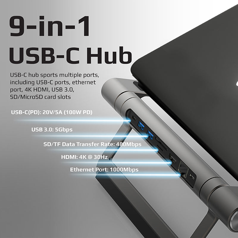 PROMATE Aluminum Laptop Stand with USB-C Hub - Silver