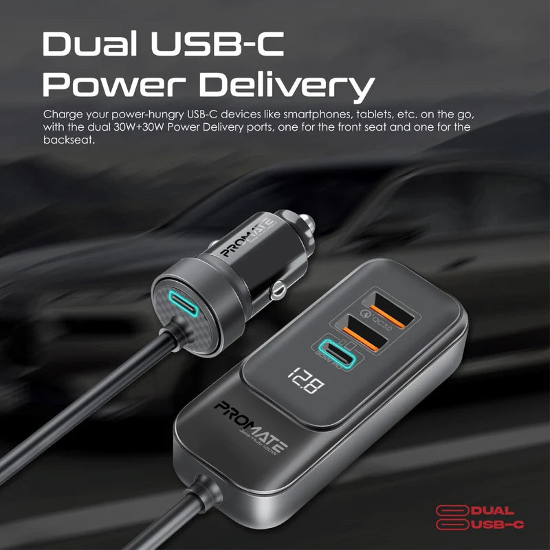 PROMATE RapidCharge Car Charger with Multi-Port Backseat Charging Hub - 120W / USB-A / USB-C