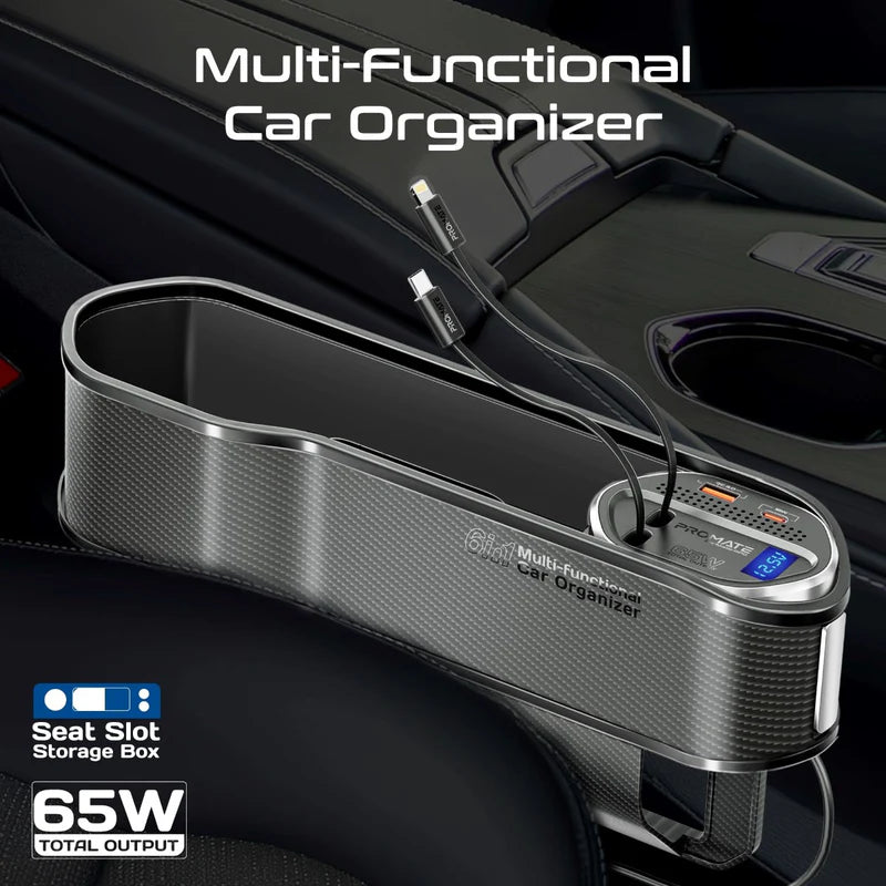 PROMATE Multi-Functional Car Organizer and Charging Station with Retractable Cables - 65W / USB-C & Lightning / Black