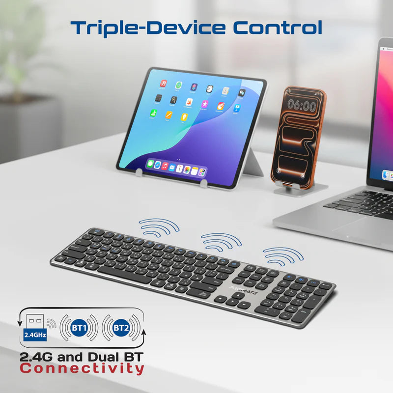 PROMATE Full-Size Triple-Mode Slim Wireless Keyboard w/ Scissor Keys & Multi-Device Connectivity (Bluetooth)