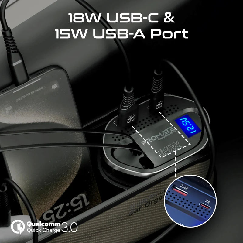PROMATE Multi-Functional Car Organizer and Charging Station with Retractable Cables - 65W / USB-C & Lightning / Brown
