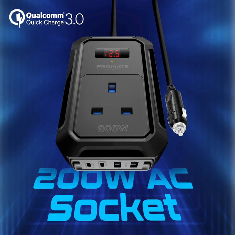 PROMATE Multi-Port DC to AC Power Inverter with 200W AC Socket