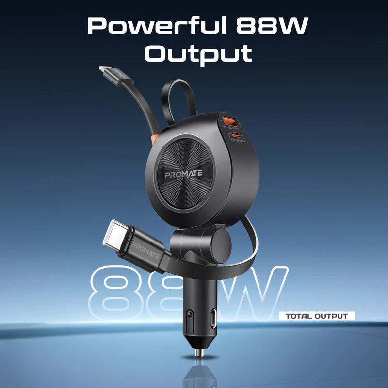 PROMATE Multi-Port Car Charger with Dual Retractable USB-C Cables - 88W