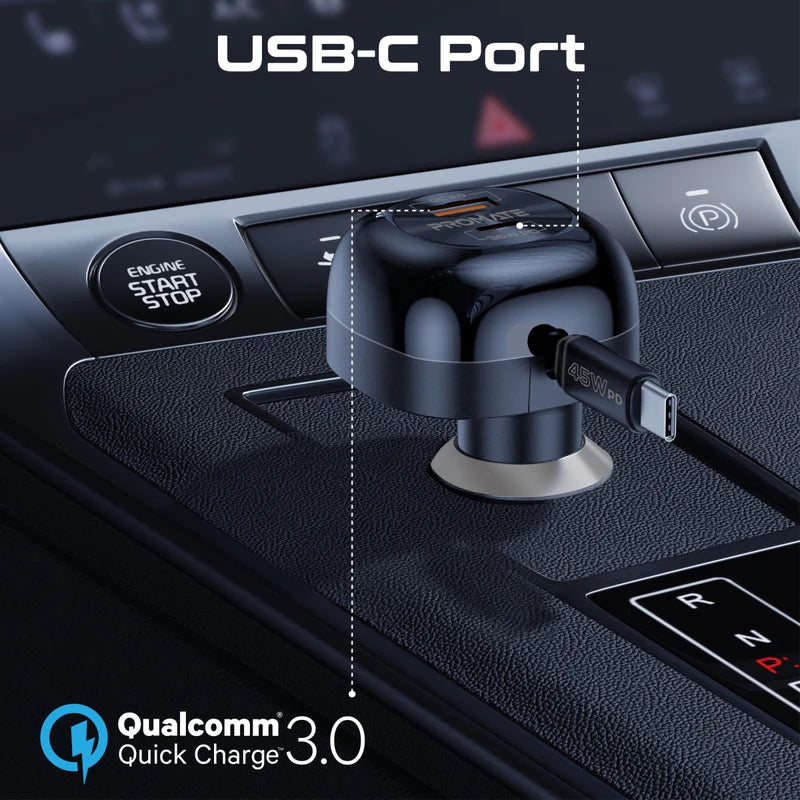 PROMATE Multi-Port Car Charger with Retractable USB-C Cable - 62W