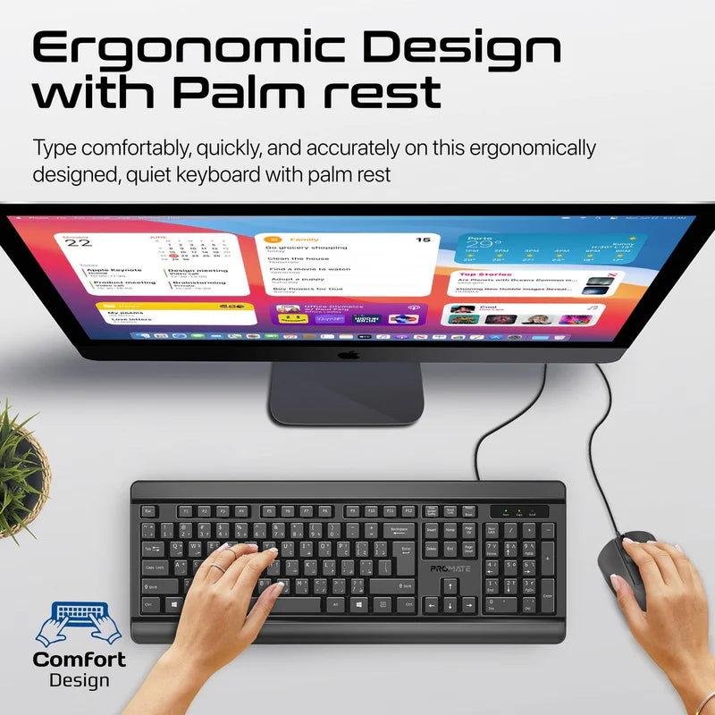 PROMATE Quiet Keys Wired Keyboard and 1200 DPI Mouse - Black